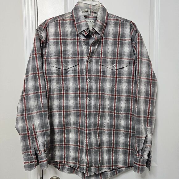 Roper Shirt Men's Medium Plaid Gray White Red Long Sleeve Western Flap Pockets - Picture 4 of 9